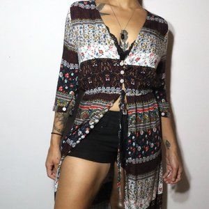 3/4 Sleeve Floral Pattern Button-Up Maxi Cardigan Women's Size Medium